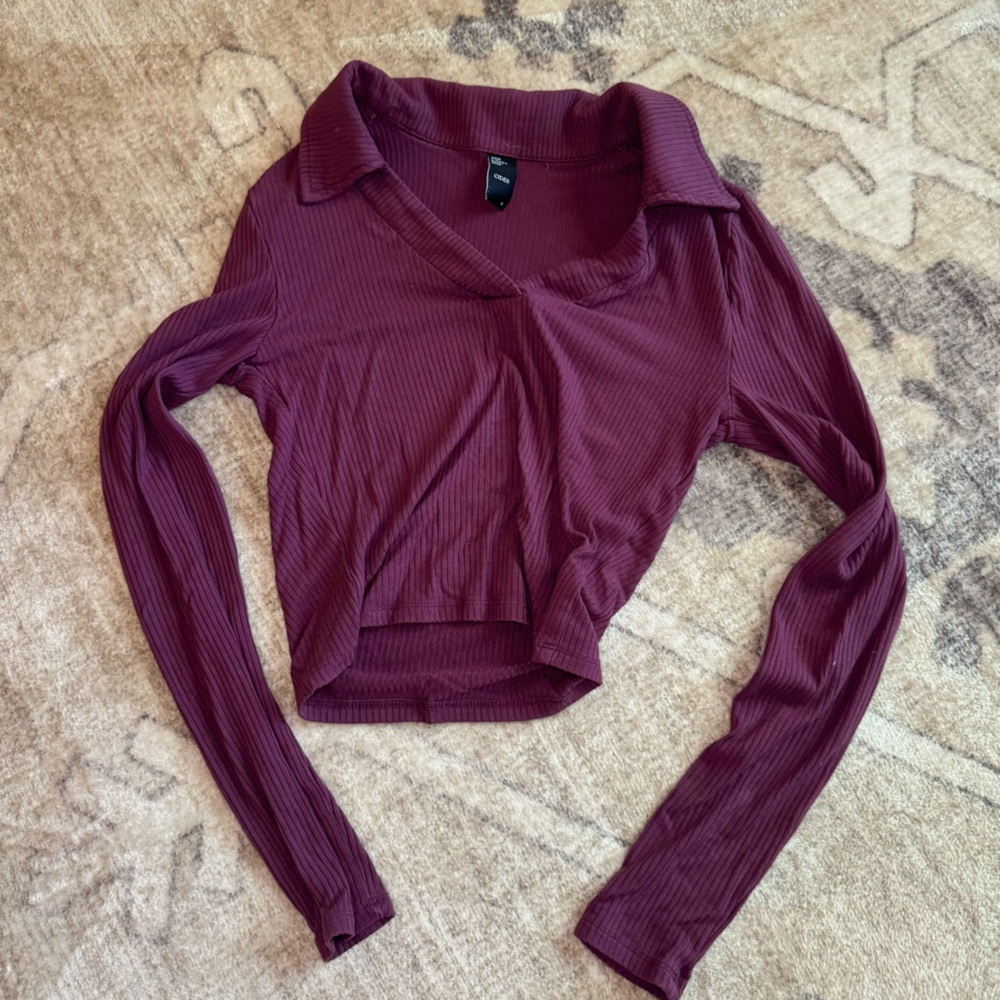 Cider purple ribbed cropped collar top